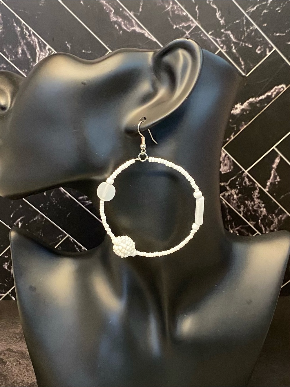3/$15 Handmade Bright White Mixed Bead Boho Statement Hoop Earrings